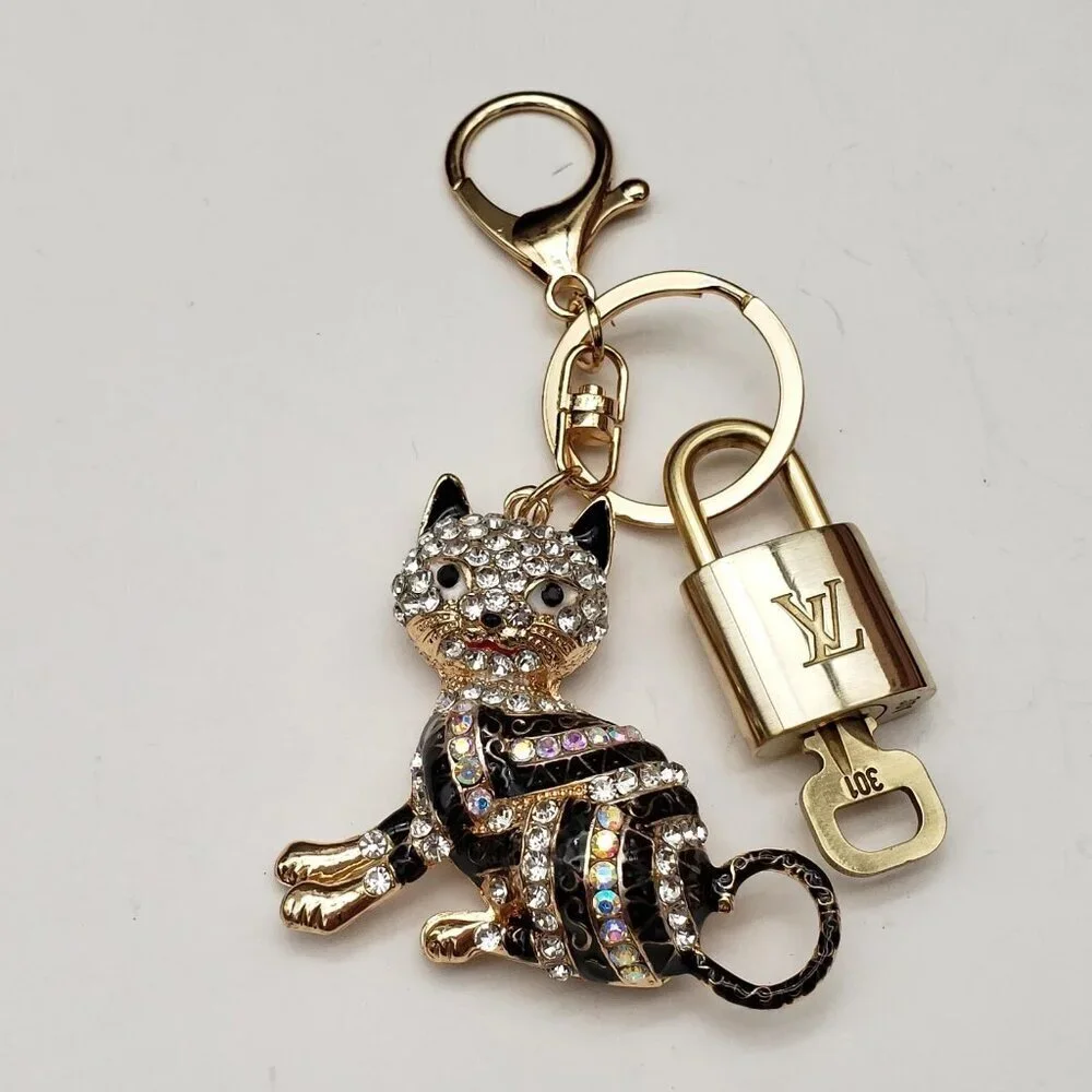 LV Gold Padlock 🔑 Authentic Louis Vuitton Charm + Unbranded Cat Keychain